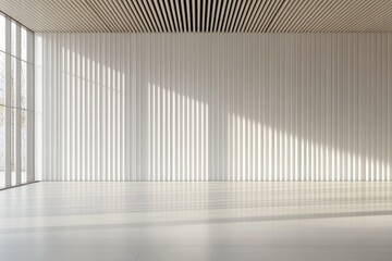 Natural light filters through large windows, illuminating the minimalist interior with vertical patterned walls in a tranquil space