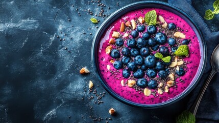 Vibrant Dragon Fruit Smoothie Bowl Topped with Fresh Blueberries, Nuts, and Chia Seeds on Dark Background