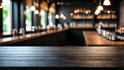 The empty black wooden table top with blur background of bar. For product display
