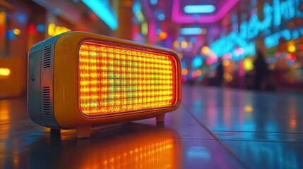 Obraz premium Retro Radio with Illuminated Display in Colorful City Setting