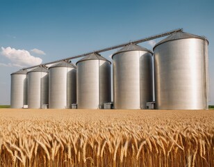 Grain elevator and agricultural storage. Containers silos storing agriculture crop in countryside.