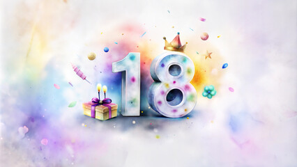 Colorful 18th birthday celebration design with cake, gifts, and festive elements