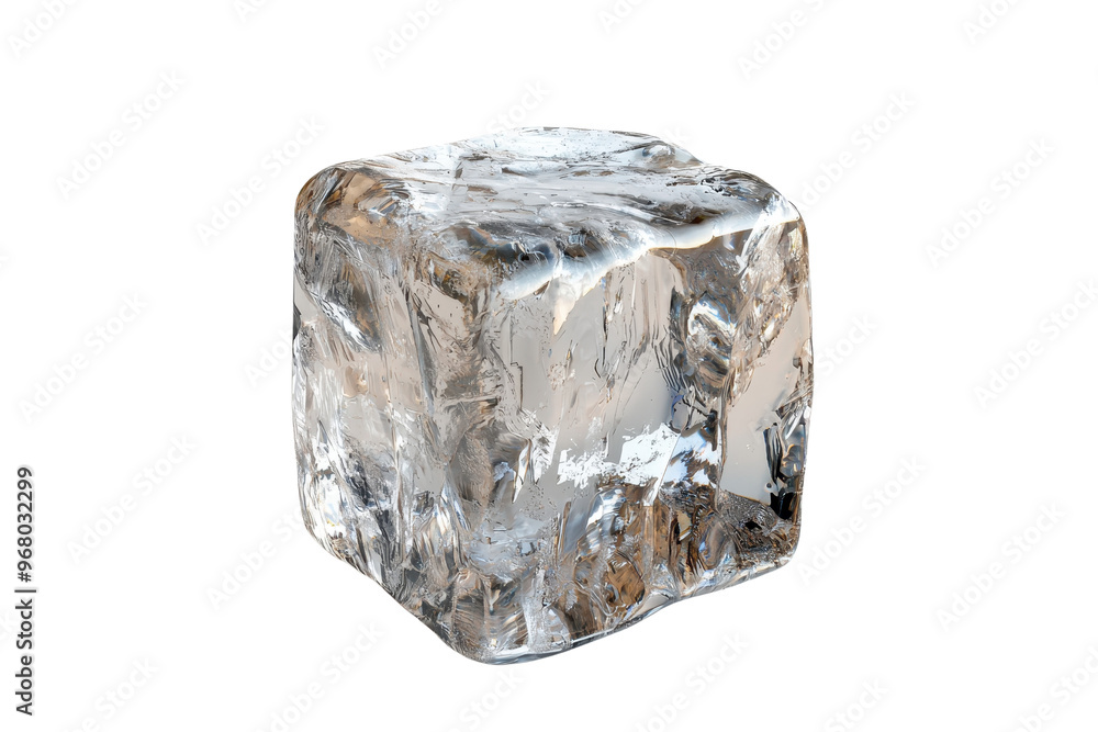 Poster close-up of a single, clear ice cube with intricate details against a transparent background, perfec