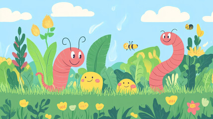 Obraz premium Smiling worms help plants grow by adding nutrients to the soil. This colorful poster shows how these little helpers make farming easier and better.