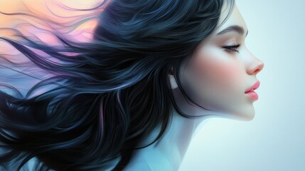 Naklejka premium Profile Portrait of a Woman with Long Dark Hair and Soft Lighting