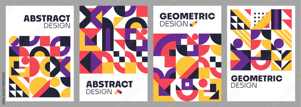 Aufkleber Abstract modern geometric posters or flyer templates with shapes patterns, vector backgrounds. Web banners with geometric design of mosaic pattern of trendy triangle and circle shape elements