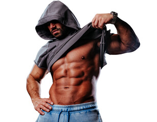 Naklejka premium Strong man bodybuilder with hood portrait