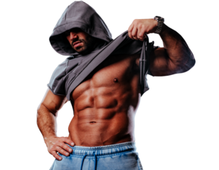 Strong man bodybuilder with hood portrait
