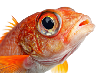 Close-up of a vibrant orange fish with detailed scales and large eye, isolated on a transparent background. Perfect for marine life or aquarium themes.
