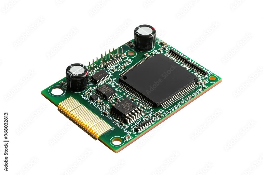 Poster close-up of an electronic circuit board with various components, including resistors and integrated 