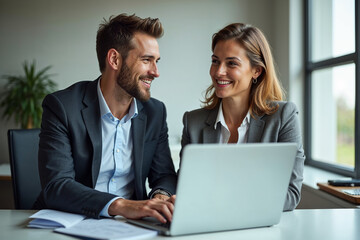 Fototapeta premium Two busy happy professional business man and woman executive leaders team using laptop working on computer at work desk having conversation on financial project at meeting in office