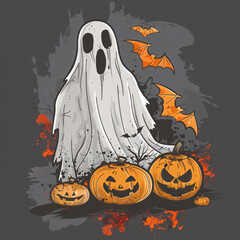 Creepy halloween ghost with pumpkins and bats