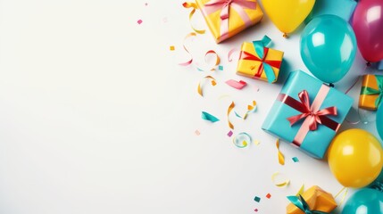 Vibrant birthday party banner background featuring colorful balloons, festive gifts, carnival hats, confetti, candy, and streamers in a flat lay style with ample copy space for greeting text

