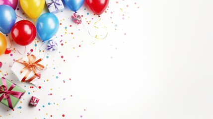 Vibrant birthday party banner background featuring colorful balloons, festive gifts, carnival hats, confetti, candy, and streamers in a flat lay style with ample copy space for greeting text

