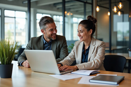 Two busy happy professional business man and woman executive leaders team using laptop working on computer at work desk having conversation on financial project at meeting in office