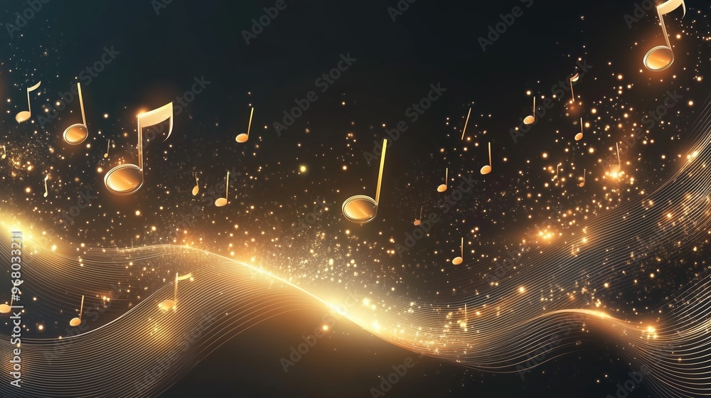 Poster Golden music notes falling on a dark background with glowing waves, representing a dynamic and abstract musical concept. This elegant vector illustration creates a vibrant and immersive atmosphere, pe