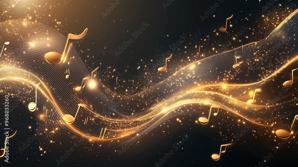 Poster Golden music notes falling on a dark background with glowing waves, representing a dynamic and abstract musical concept. This elegant vector illustration creates a vibrant and immersive atmosphere, pe