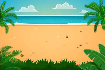 Pirate island seaside landscape with palm leaves. Cartoon vector game background with sandy tropical beach, turquoise ocean, and lush greenery framing the paradise island view under a clear blue sky