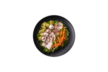 Delicious diet salad with turkey or chicken slices, lettuce, carrots, mozzarella
