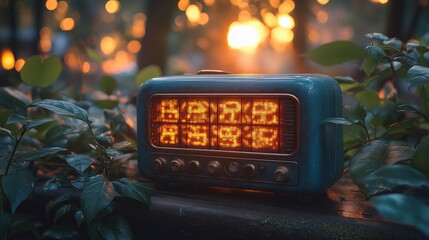Vintage Radio in a Forest Setting at Sunset