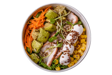 Delicious diet salad with turkey or chicken slices, lettuce, carrots, mozzarella