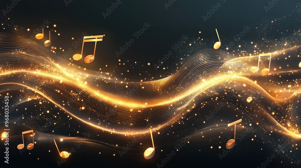 Poster Golden music notes falling on a dark background with glowing waves, representing a dynamic and abstract musical concept. This elegant vector illustration creates a vibrant and immersive atmosphere, pe