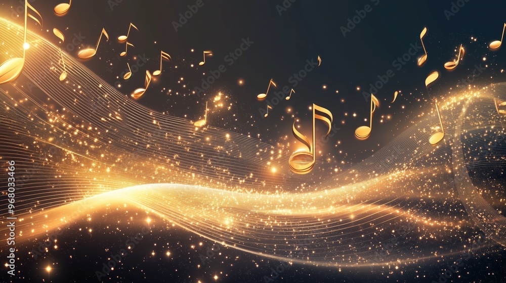 Poster Golden music notes falling on a dark background with glowing waves, representing a dynamic and abstract musical concept. This elegant vector illustration creates a vibrant and immersive atmosphere, pe