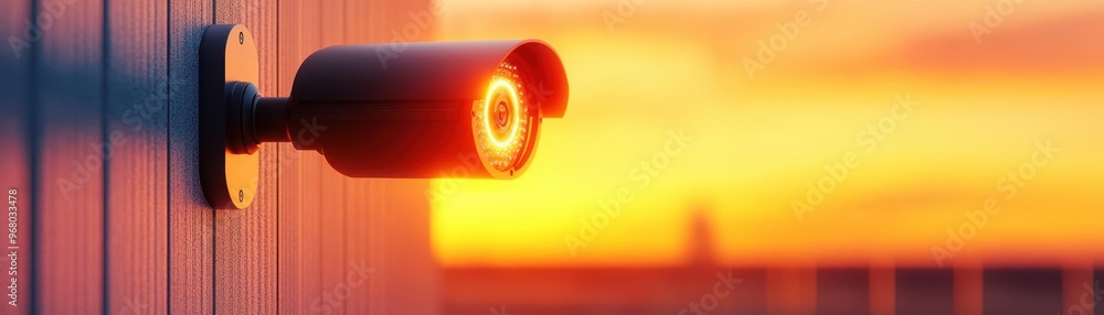 Poster security camera on a modern building facade, blending into the dawnlit environment, symbolizing disc