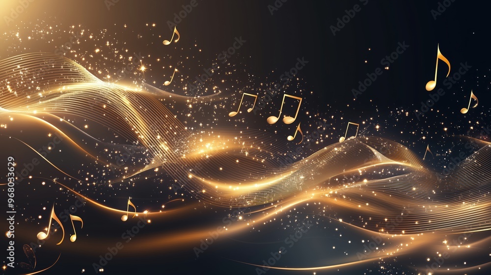 Poster Golden music notes falling on a dark background with glowing waves, representing a dynamic and abstract musical concept. This elegant vector illustration creates a vibrant and immersive atmosphere, pe