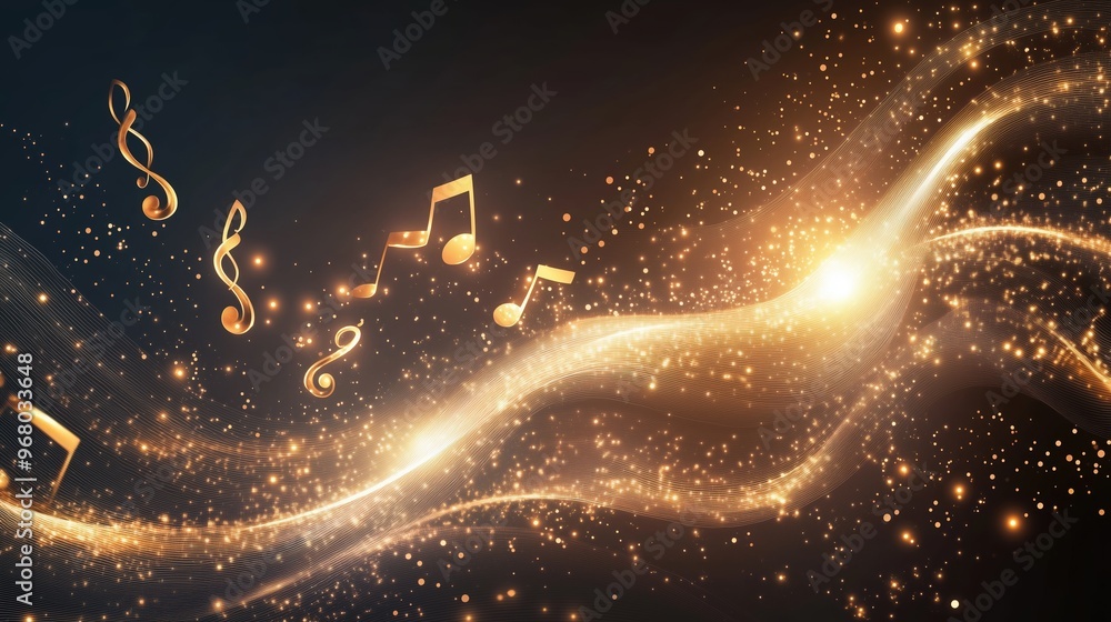 Poster Golden music notes falling on a dark background with glowing waves, representing a dynamic and abstract musical concept. This elegant vector illustration creates a vibrant and immersive atmosphere, pe