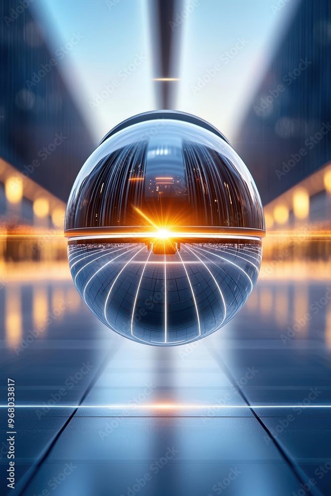 Poster abstract futuristic security camera hovering over an empty city square at dawn, symbolizing the prom