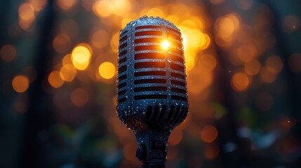 Retro Microphone with Rain Drops and Bokeh Lights