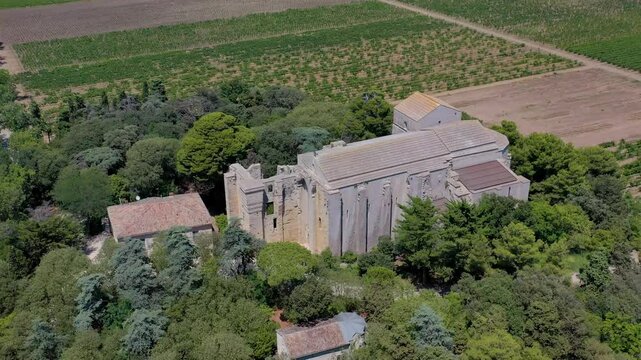 Aerial view of the historic cathedral of Maguelone St Pierre and St-Paul surrounded by greenery and vineyards, Monpellier, France.
