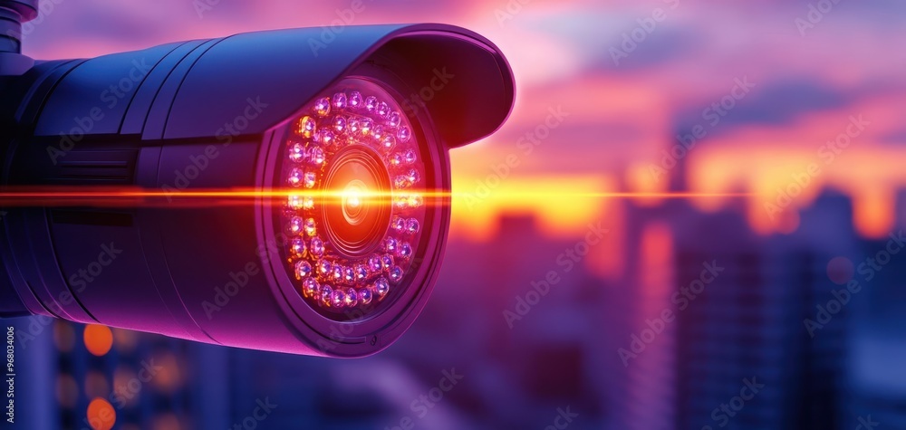 Poster abstract security camera blending with the skyline of a modern city at dawn, capturing a new beginni