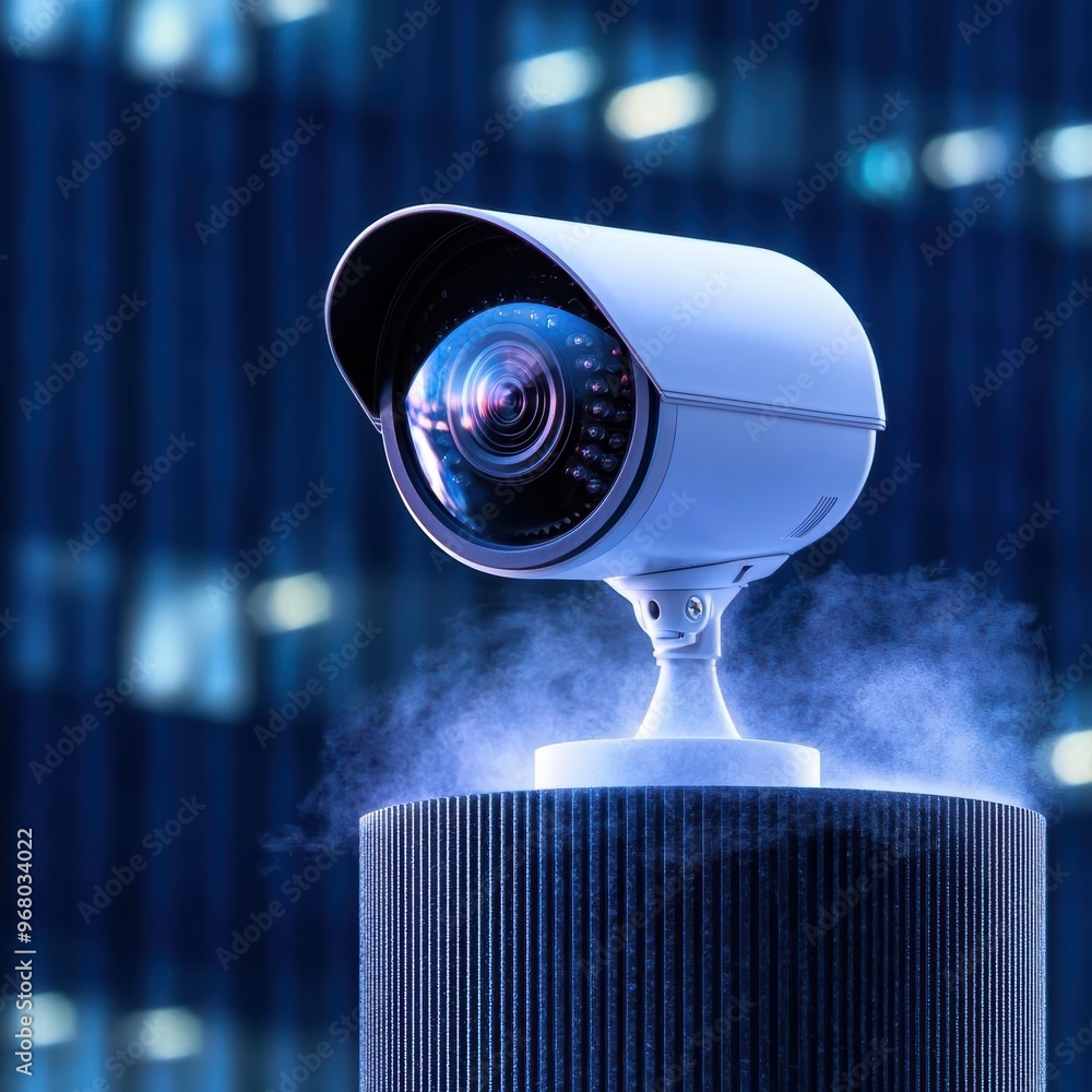 Poster modern security camera on a pole, capturing high-resolution images in an urban environment under nig