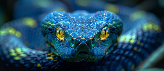 Fototapeta premium close up photo of big blue snake with yellow eyes.