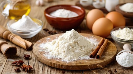 Fototapeta premium Composition of baking ingredients and tools on wooden surface for cake making.