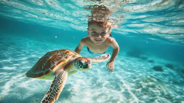 A young child swimming joyfully underwater with a sea turtle in clear blue ocean water