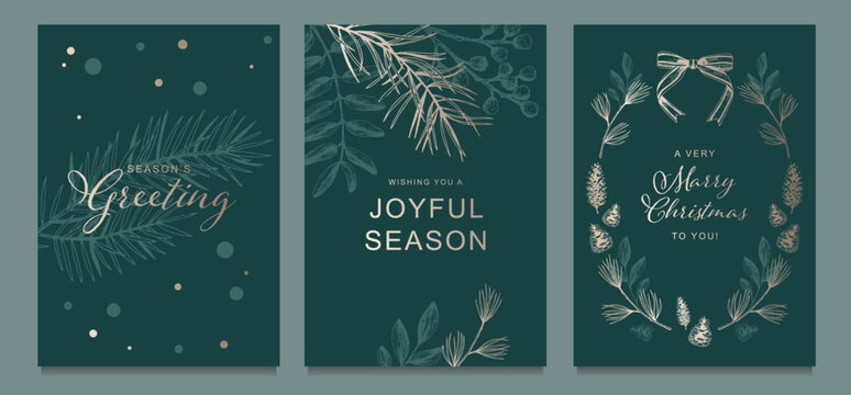 Christmas greeting cards with botanical illustrations and holiday messages on dark green background. Holiday card design for greeting, invitation, postcard. Flat lay composition.