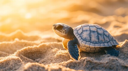 An adorable baby sea turtle makes its way across the sandy beach under the warm glow of the setting sun at twilight