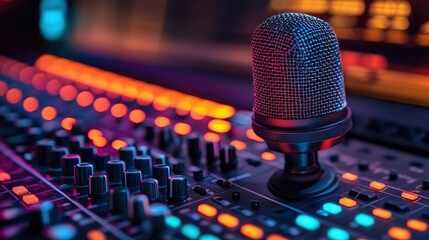 Microphone on a Sound Mixer in a Recording Studio