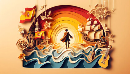 A paper-cut style illustration celebrating Spain's National Day, Christopher Columbus stepping onto land from the Santa María, with layered waves. 