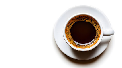 A cup of coffee centered in the image, viewed from the top, with a deep white background.