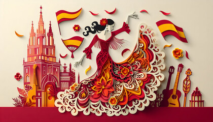 Paper-cut style flamenco dancer in traditional garb, enchanting the scene with her expressive movements during Spain's National Day.