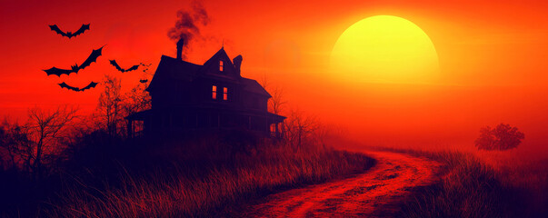 Haunted house silhouette with flying bats at sunset, eerie landscape. Halloween and spooky concept