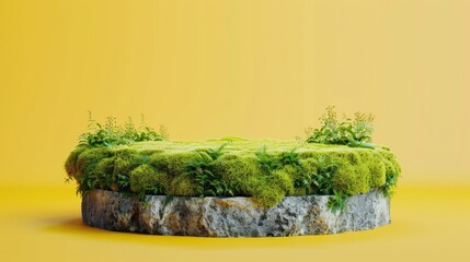 Green moss-covered stone podium on yellow backdrop for cosmetic product display in natural theme.