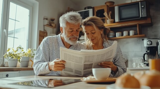 Elderly couple enjoying breakfast together while reading the newspaper in a cozy, modern kitchen in the morning
