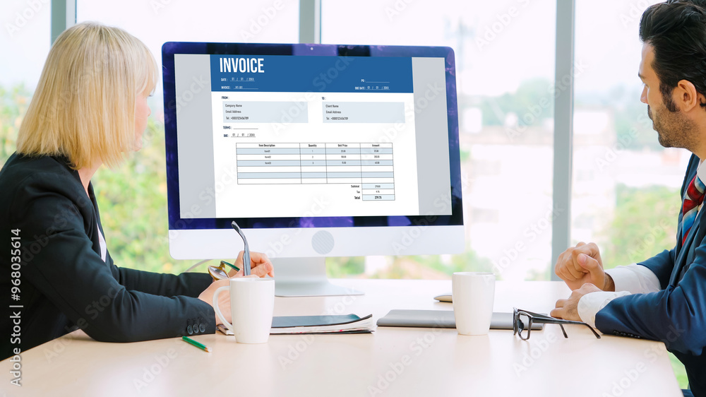 Poster invoice on computer screen from accounting application. computer program for financial and budget of
