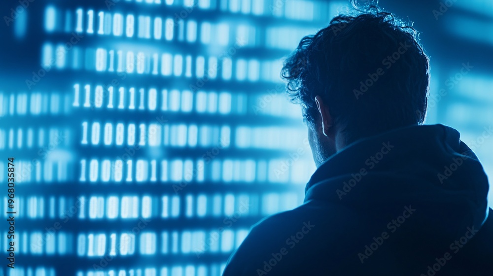 Poster cryptocurrency security threat shadowy figure manipulates blockchain code - highlighting the dark si