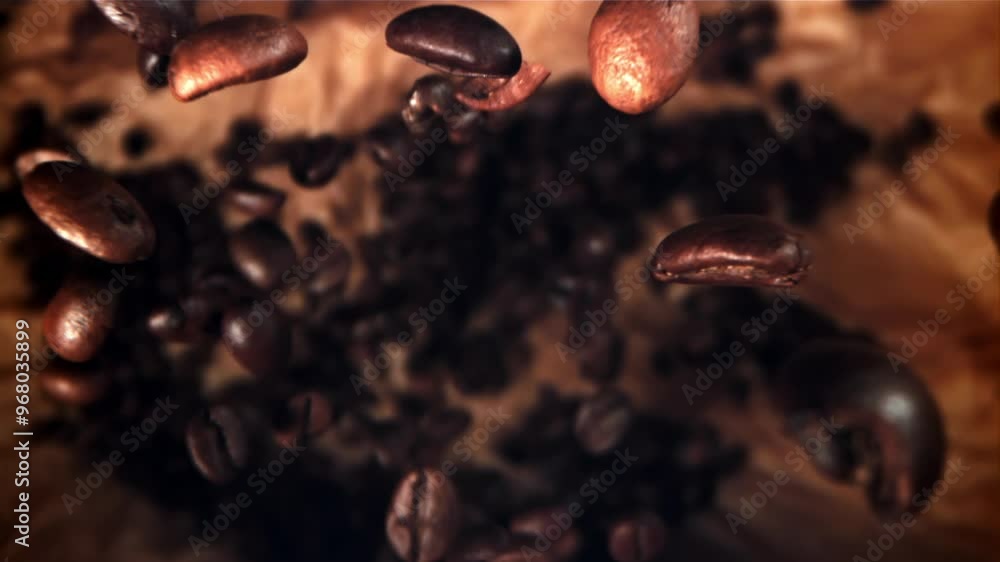 Poster coffee beans are falling. macro shot. filmed on a high-speed camera at 1000 fps. high quality fullhd